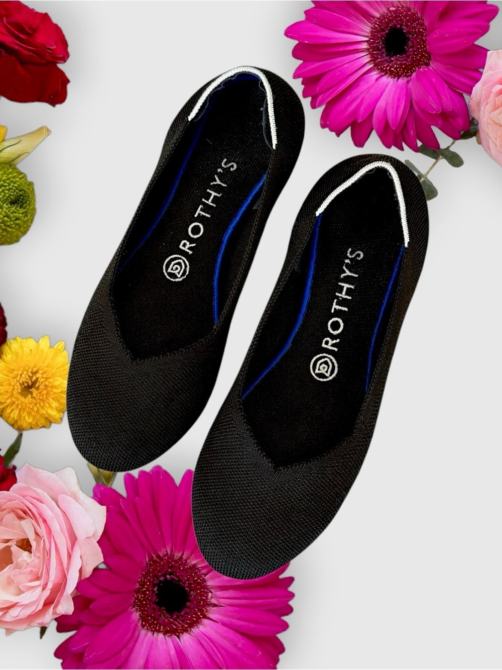 Rothy's The Flats Black Women's Slip-On Round-Toe Flats with White Trim